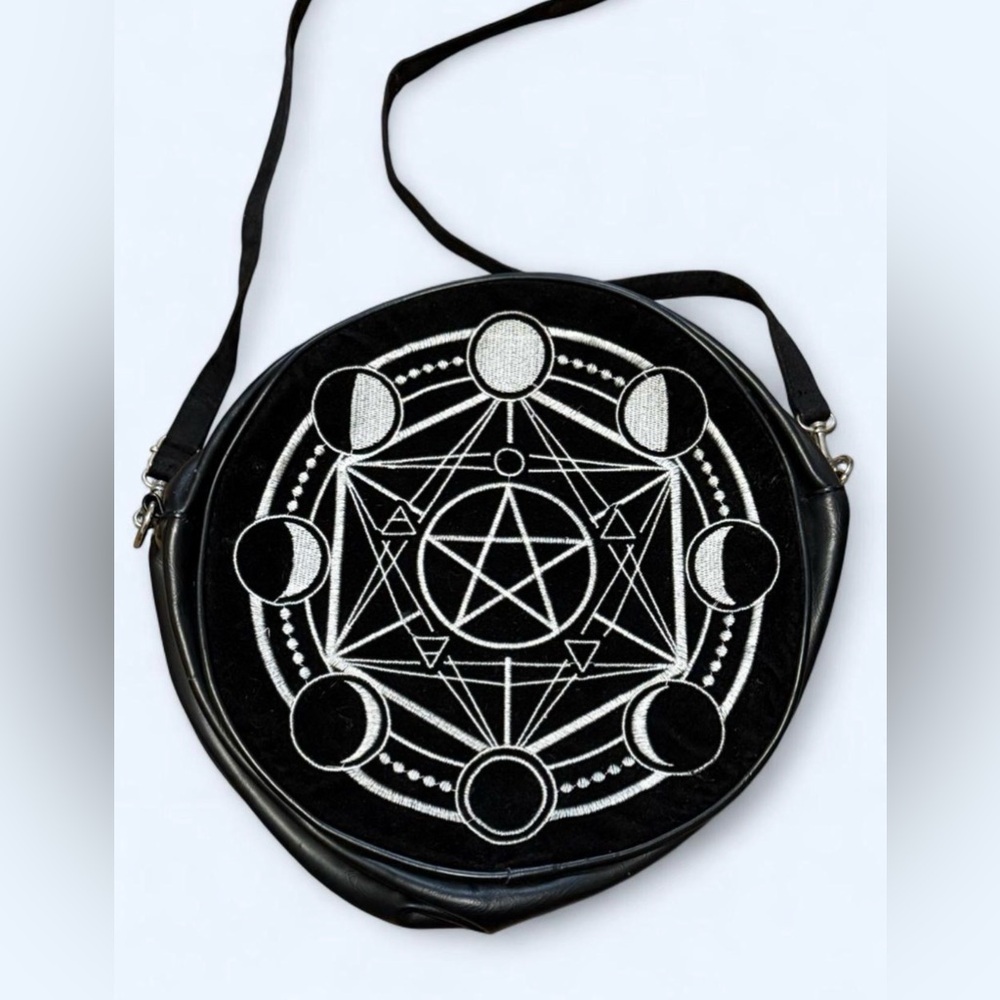 Restyle Black Embroidered Moon Phases Round Shoulder Bag Goth Witchy - Picture 2 of 6